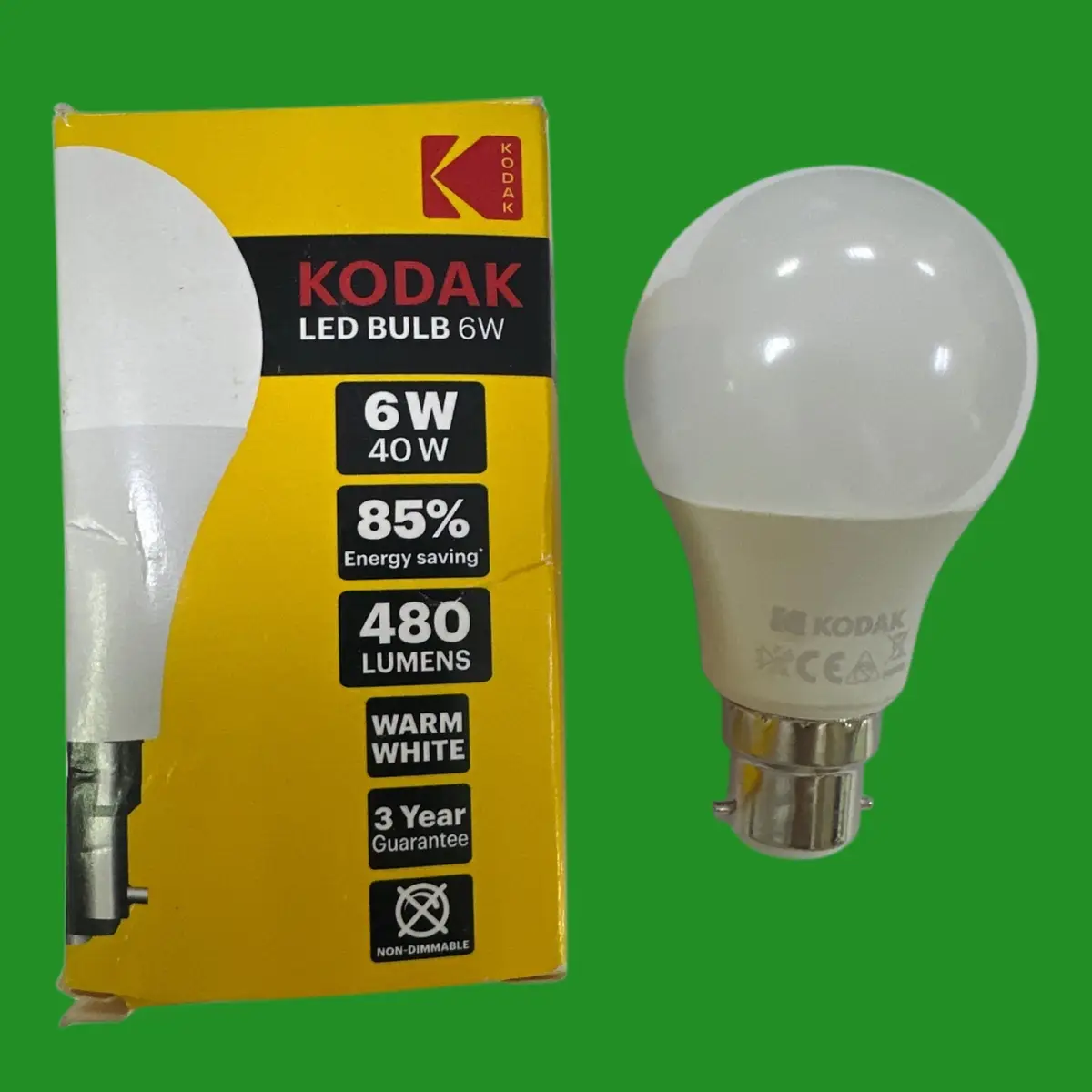1x 6W (=40W) Kodak LED GLS Globe A60 Light Bulb, 2700K BC B22 Bayonet Lamp