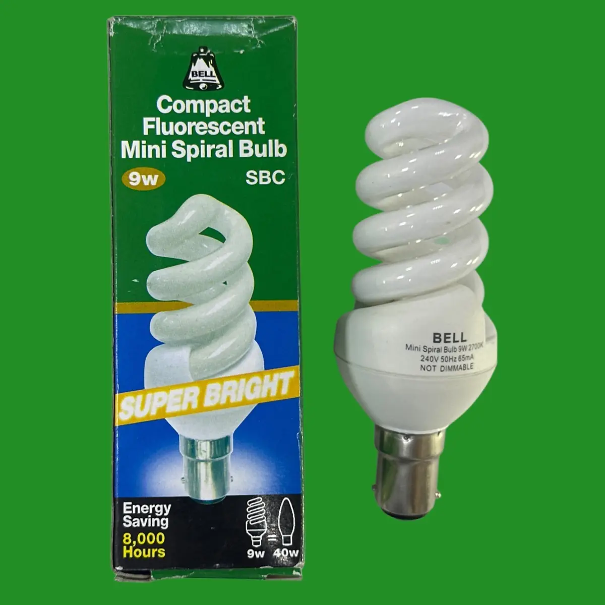 1x 9W (=40W) BELL CFL Mini Spiral Low Energy Light Bulb SBC B15 2700K Lamp