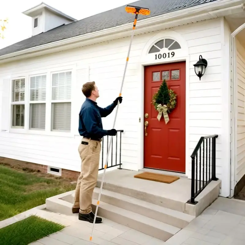 4.3m Telescopic Window Cleaner Microfibre Mop &amp; Squeegee 10 Pole Sections Orange