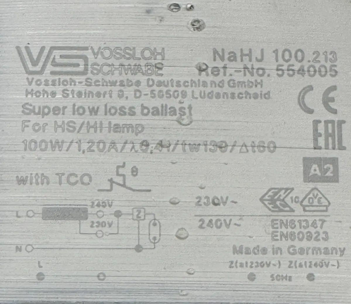 Vossloh-Schwabe NaHJ 100.213 ECG Magnetic Ballast for 100W HPS MHL SON Bulbs - image 2 | Free standard UK delivery included | Discount Quality Products
