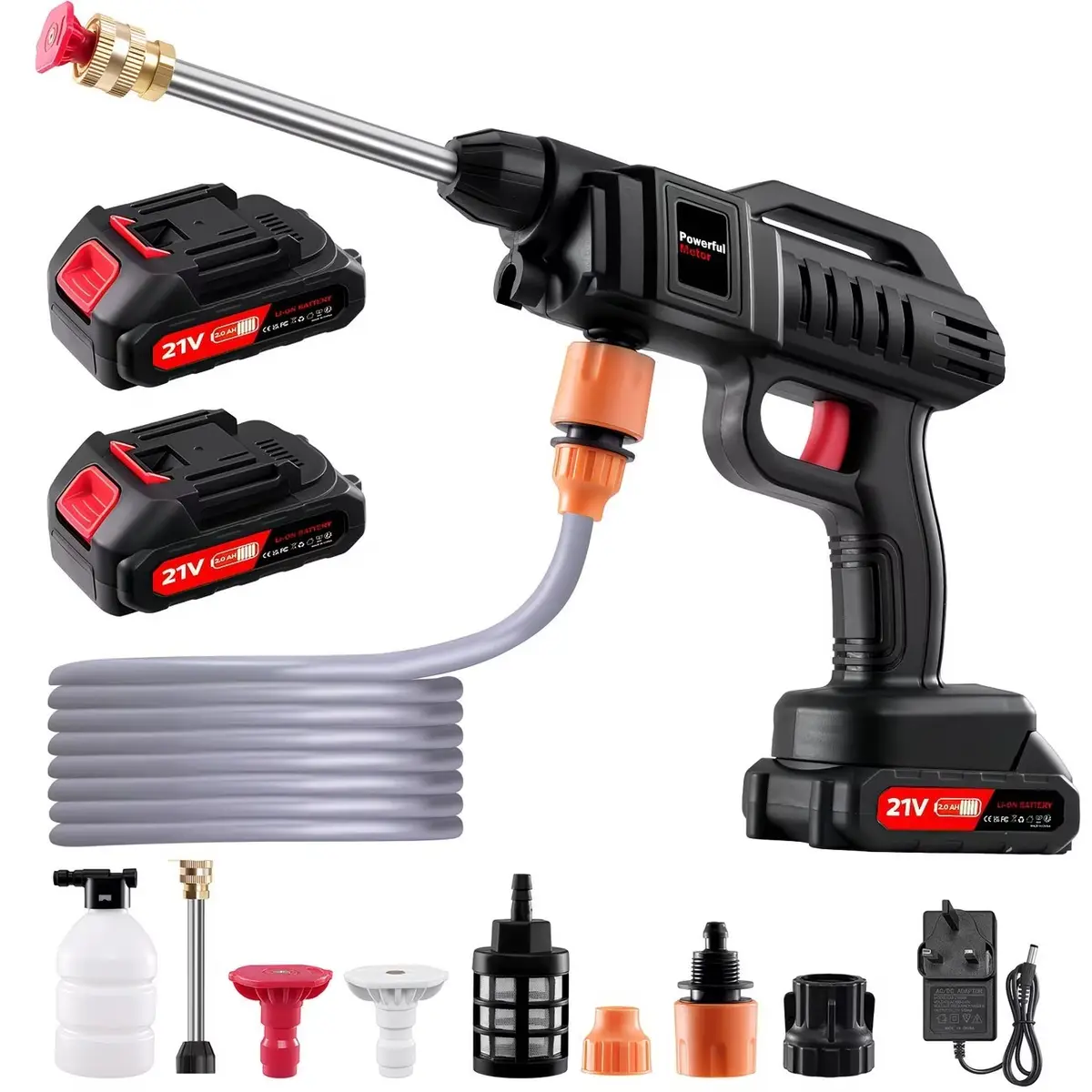 1500W Cordless High-Pressure Washer 60 Bar, 5m Hose, 2x 21V Battery Included