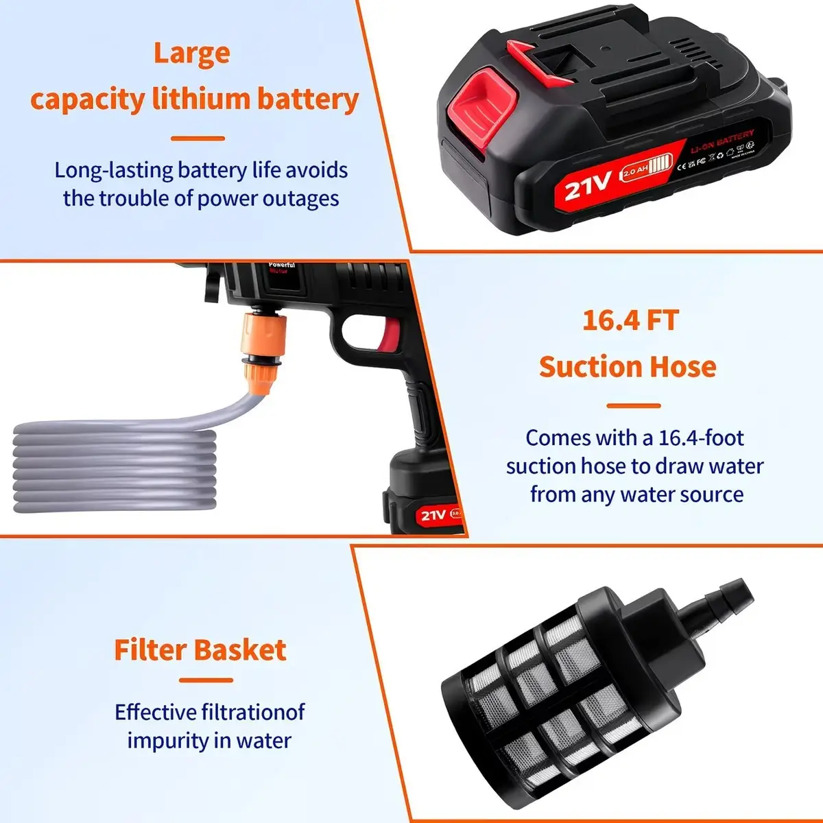 1500W Cordless High-Pressure Washer 60 Bar, 5m Hose, 2x 21V Battery Included - image 2 | Free standard UK delivery included | Discount Quality Products