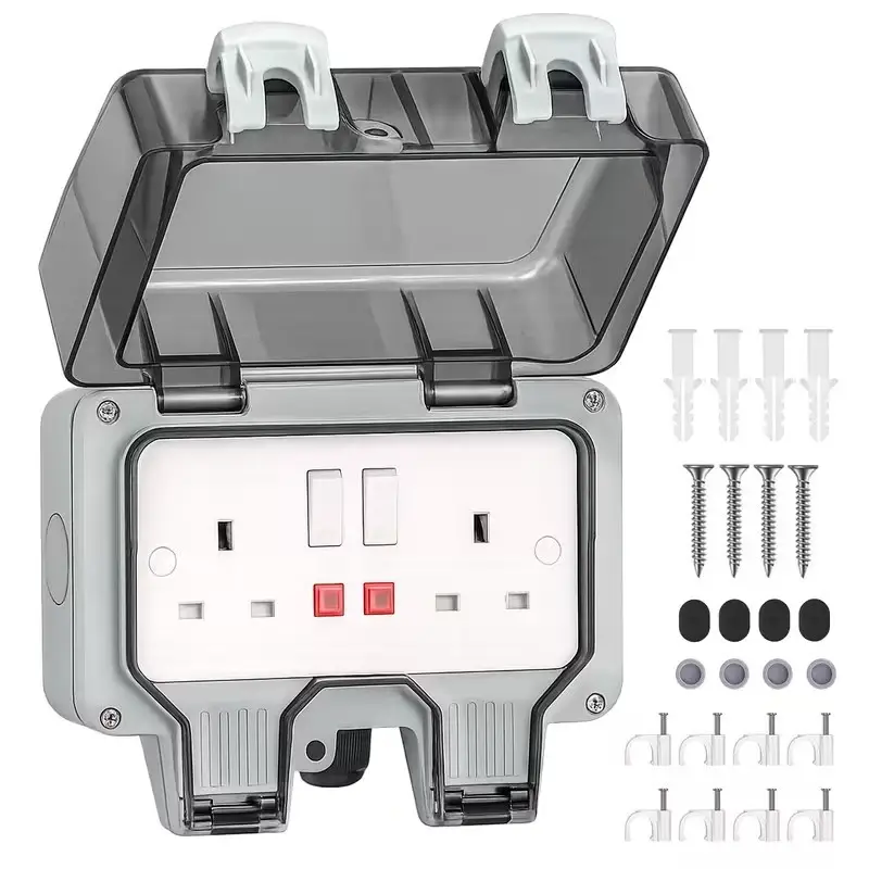 2 Gang UK Mains Switched Outdoor Sealed Weatherproof Double Socket, IP66, 13A