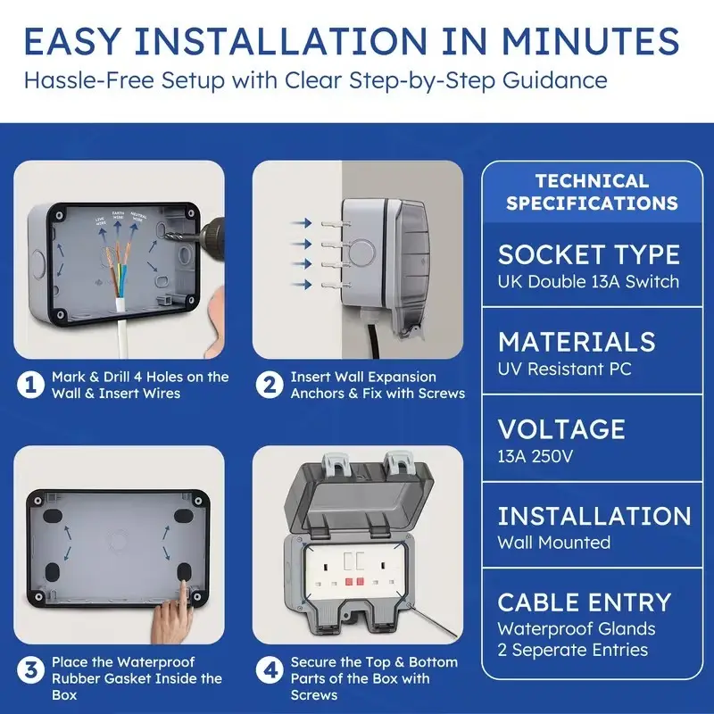 2 Gang UK Mains Switched Outdoor Sealed Weatherproof Double Socket, IP66, 13A - image 4 | Free standard UK delivery included | Discount Quality Products