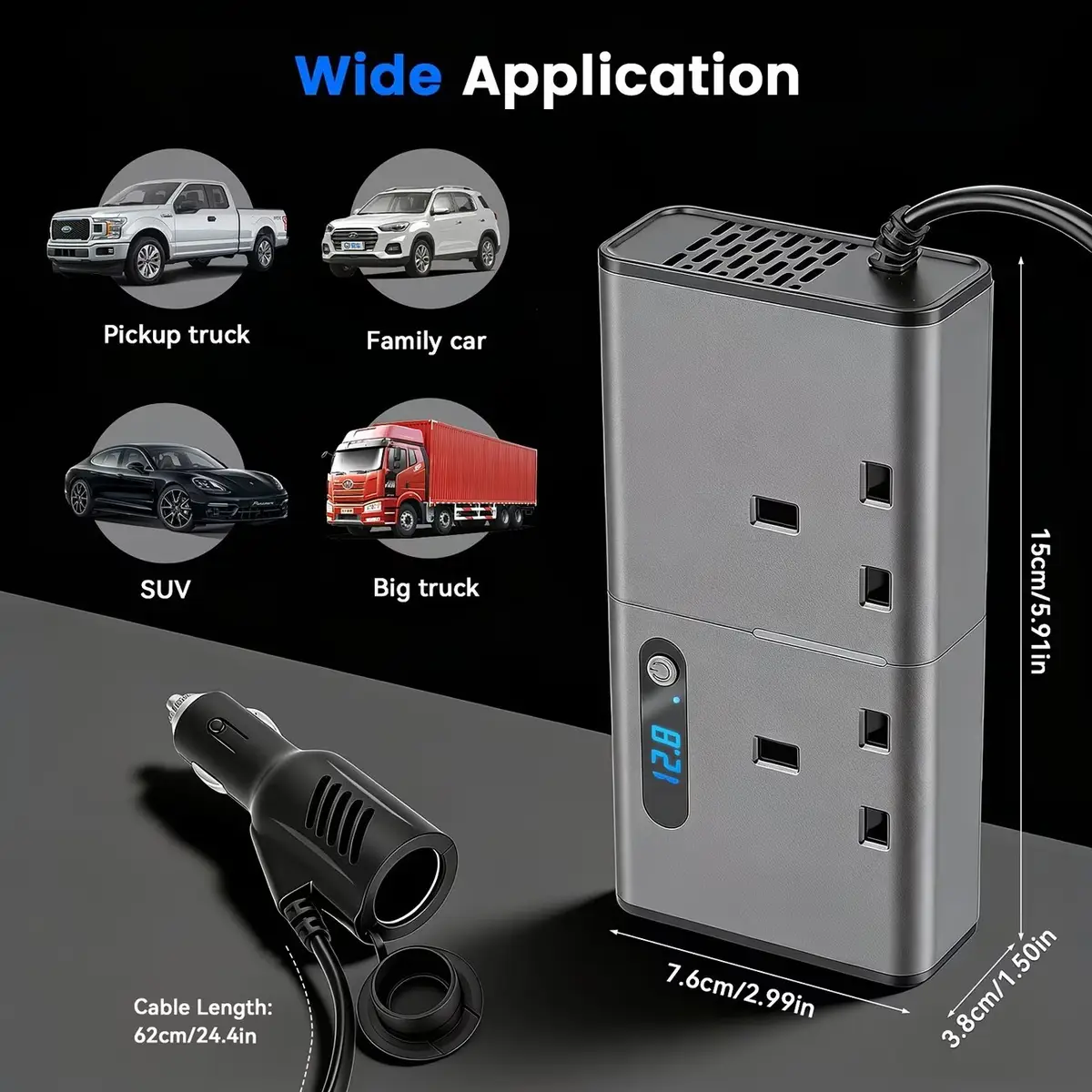 300W DC 12V/24V to AC 240V Car Power Inverter 4 USB 2 AC Outlets Fast Charge