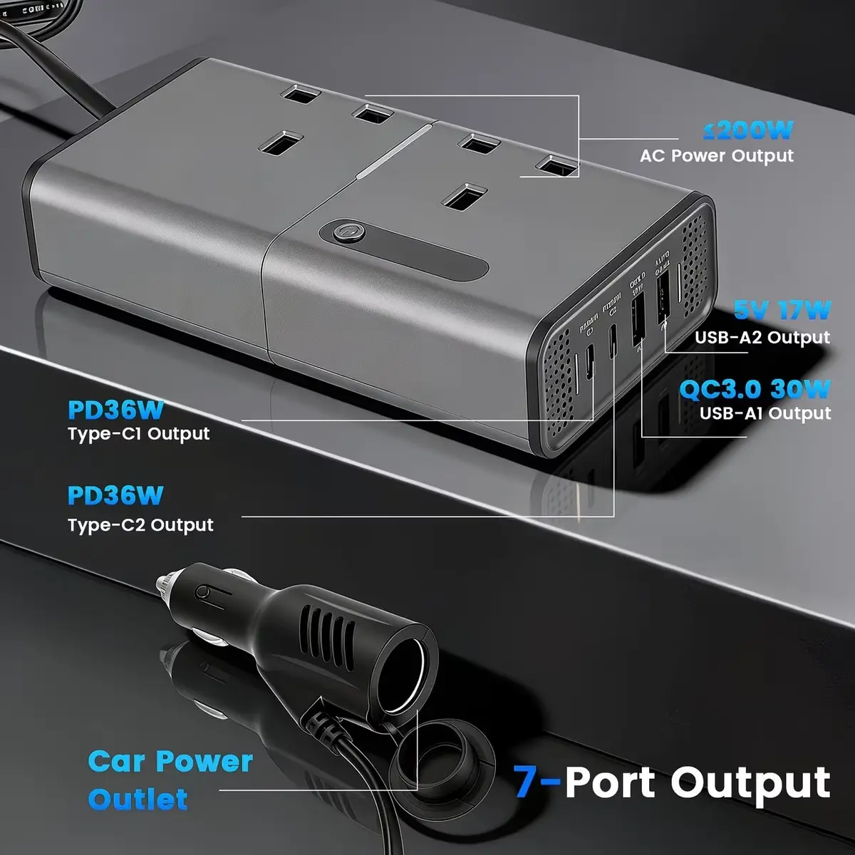 300W DC 12V/24V to AC 240V Car Power Inverter 4 USB 2 AC Outlets Fast Charge - image 2 | Free standard UK delivery included | Discount Quality Products