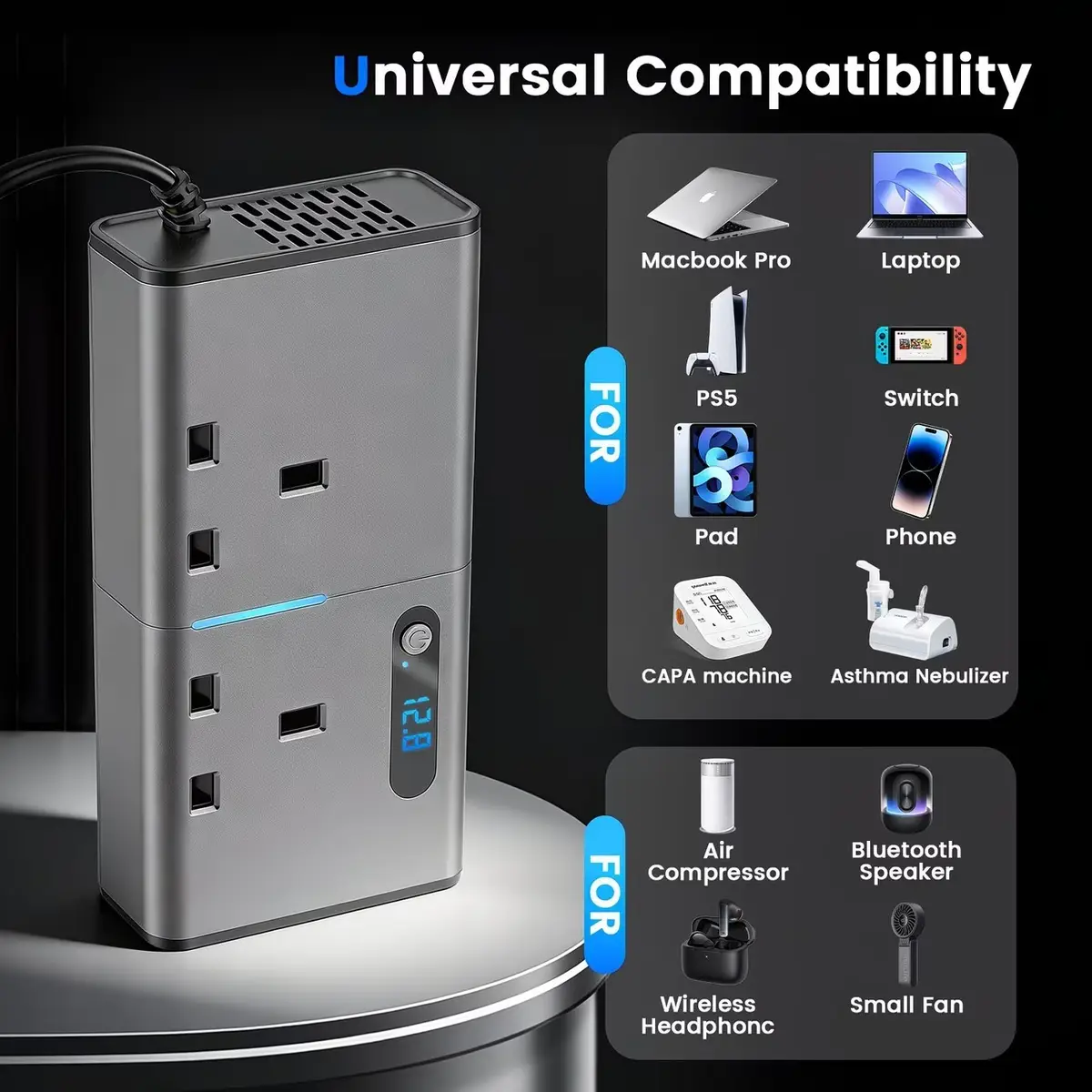 300W DC 12V/24V to AC 240V Car Power Inverter 4 USB 2 AC Outlets Fast Charge - image 6 | Free standard UK delivery included | Discount Quality Products