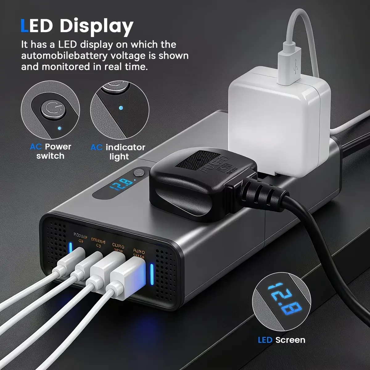 300W DC 12V/24V to AC 240V Car Power Inverter 4 USB 2 AC Outlets Fast Charge - image 7 | Free standard UK delivery included | Discount Quality Products