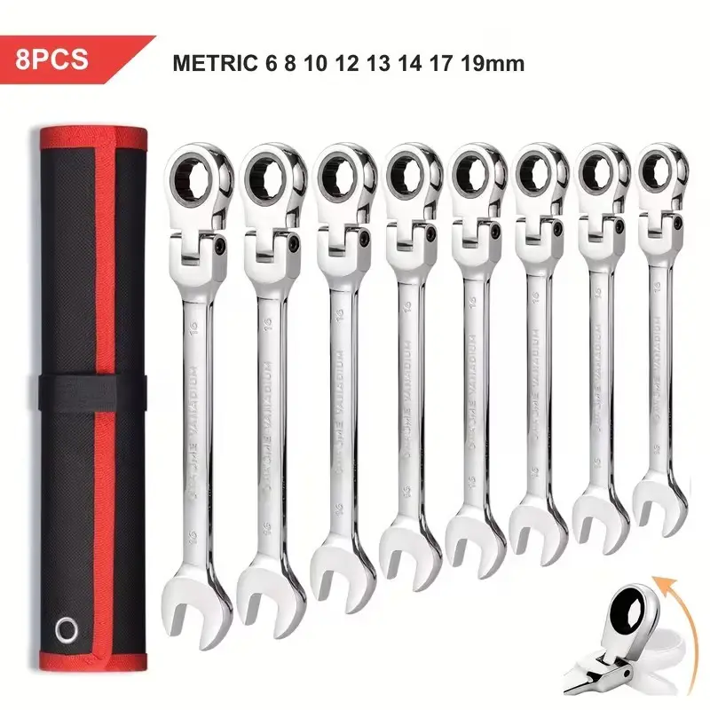 8pc Flex Head Ratchet Spanner Set 72 Tooth CR-V Metric 6-19mm with Roll Pouch