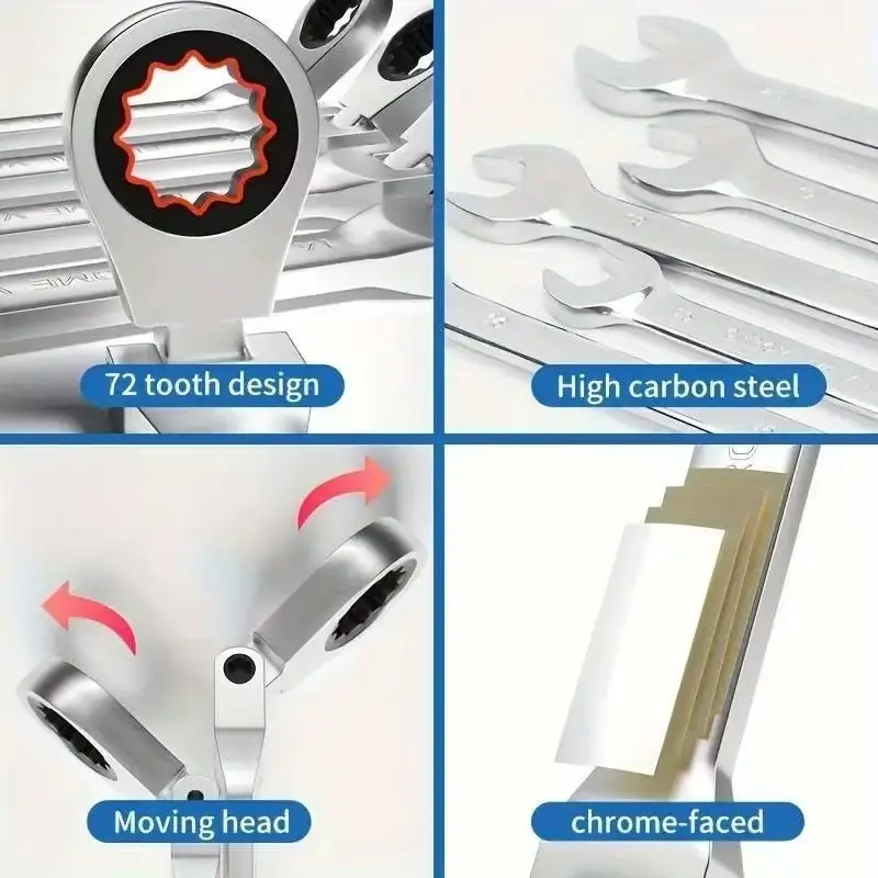 8pc Flex Head Ratchet Spanner Set 72 Tooth CR-V Metric 6-19mm with Roll Pouch - image 2 | Free standard UK delivery included | Discount Quality Products