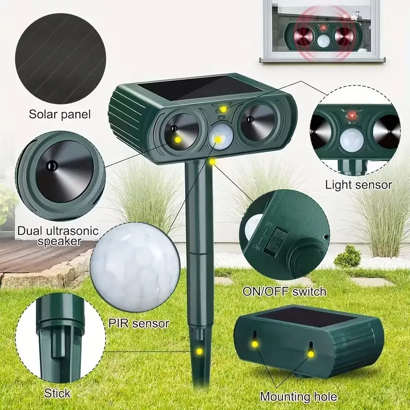 Solar Animal Repeller Motion Sensor Ultrasonic Pest Repellent Garden Yard Device