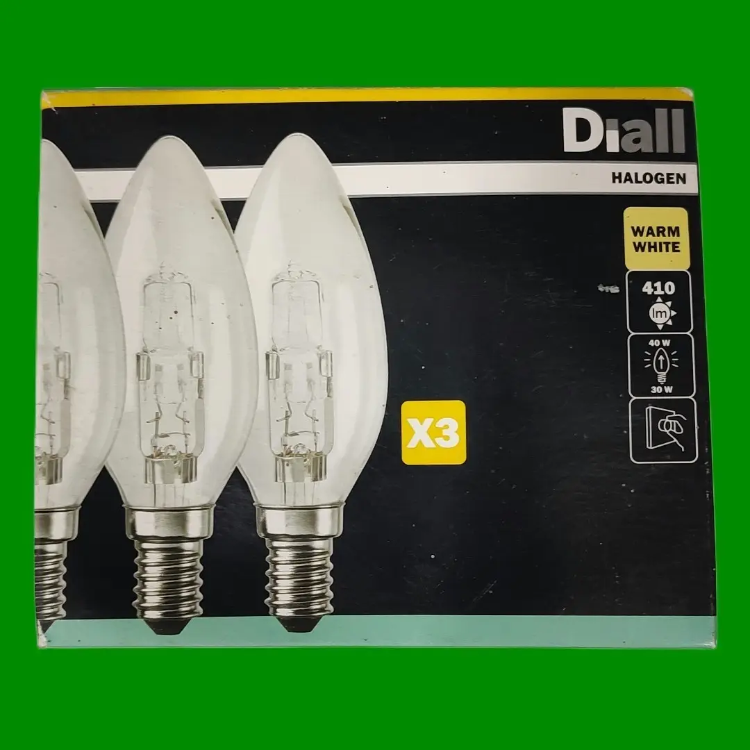 3x 30W (=40W) Diall Dimmable Halogen Clear Candle Light Bulbs, SES E14 Lamps