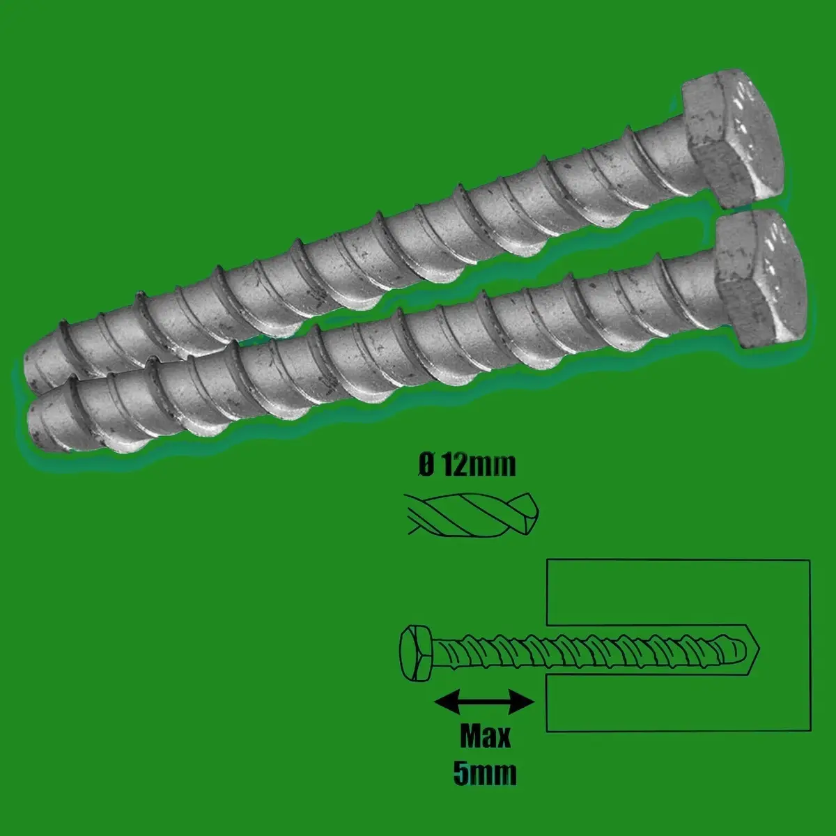 6x Fixing Bolts M12 x 75mm for Concrete, Masonry, Hollow Block HEX Head