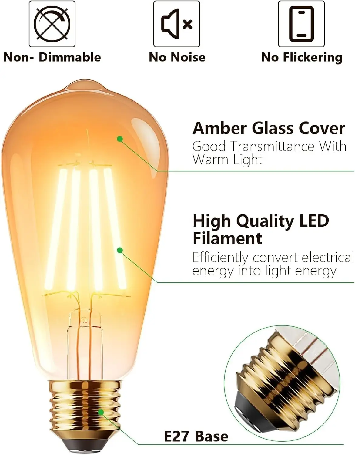 2x 6W (=60W) ST64 LED Filament Antique Amber Light Bulbs ES E27 Screw Lamp 2700K - image 3 | Free standard UK delivery included | Discount Quality Products