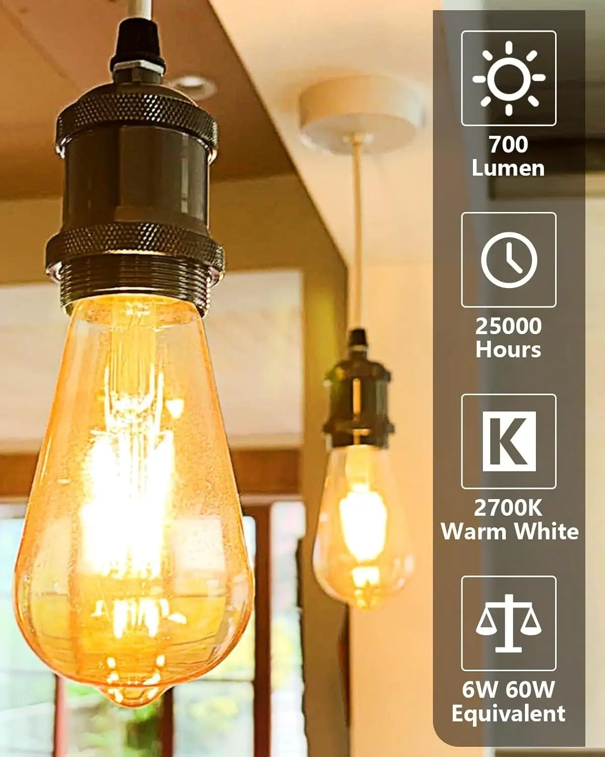 2x 6W (=60W) ST64 LED Filament Antique Amber Light Bulbs ES E27 Screw Lamp 2700K - image 7 | Free standard UK delivery included | Discount Quality Products