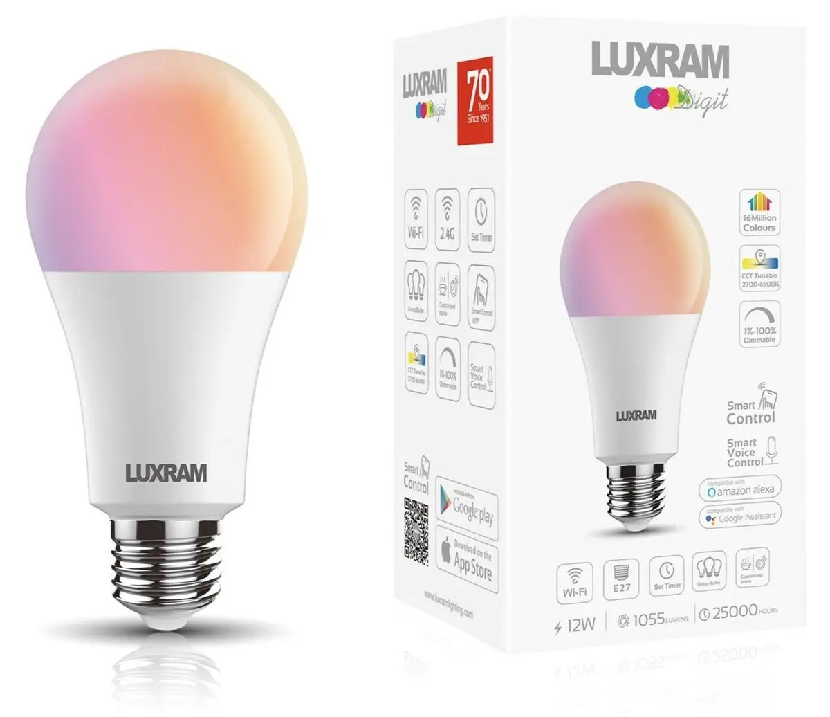 12W Luxram Digit Wifi GLS RGB &amp; CCT Smart Dimmable LED Light Bulb ES E27 Screw
