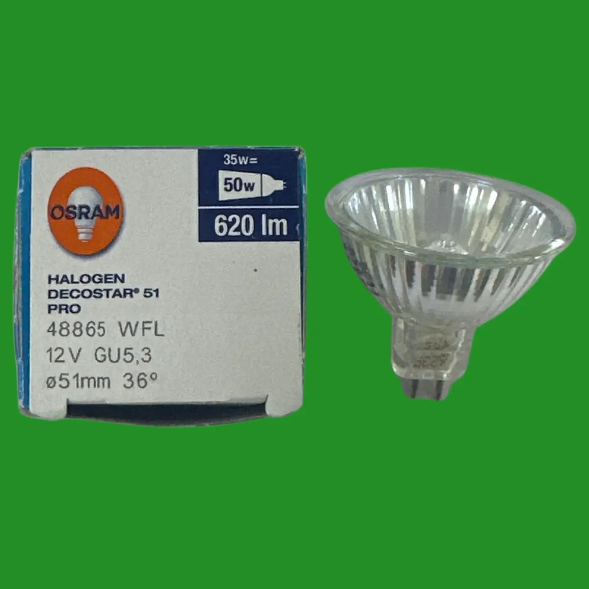 4x 35W (=50W) Osram MR16 GU5.3 48865 WFL 12V Halogen Reflector Spot Light Bulb - image 2 | Free standard UK delivery included | Discount Quality Products