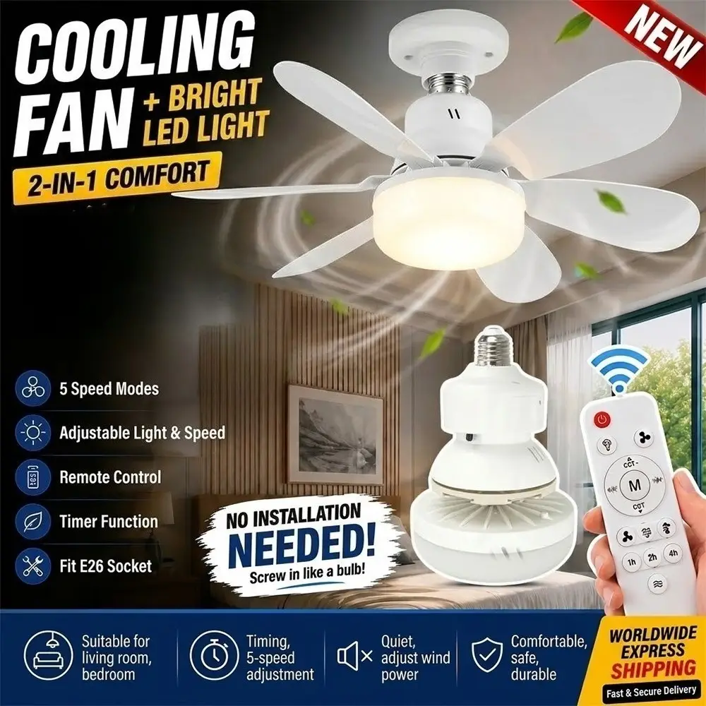 20.5" Ceiling Fan &amp; Dimmable LED Light, E27 B22, Quiet, Remote Control, 3 Speeds