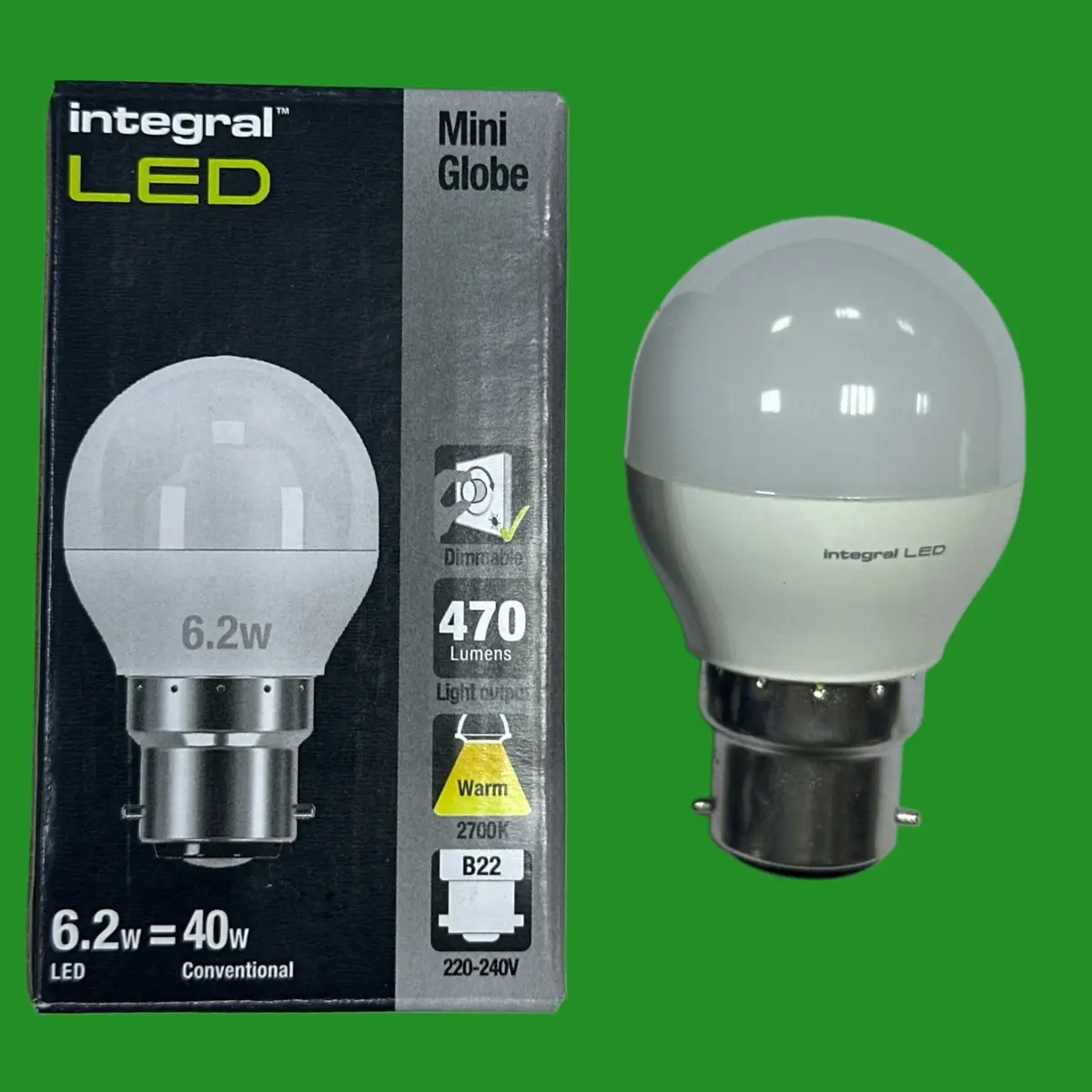 4x 6.2W (=40W) Integral Dimmable LED Mini Globe Round Golf Light Bulbs BC B22