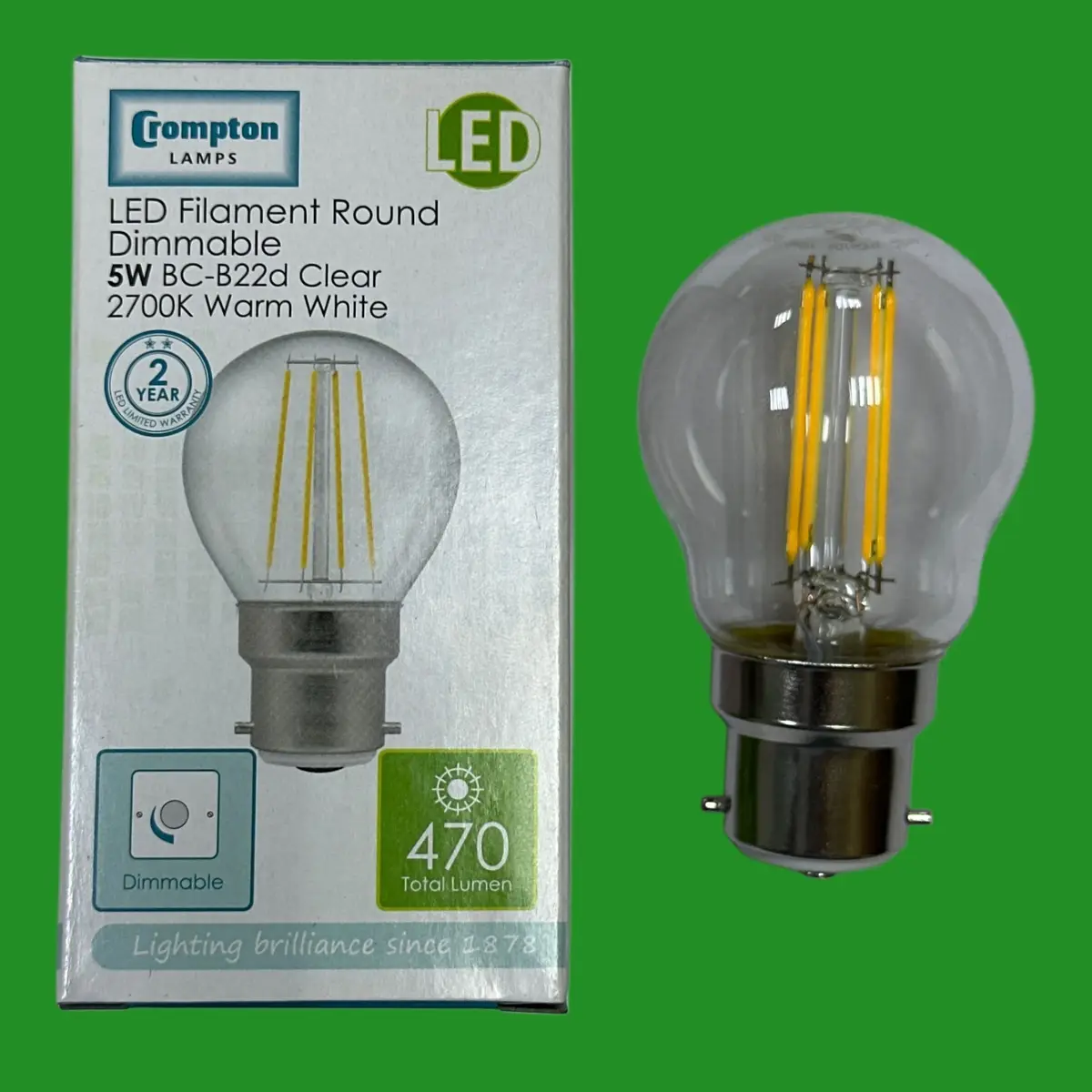 1x 5W (=40W) Crompton Dimmable LED Filament Clear Round Golf Light Bulbs BC B22
