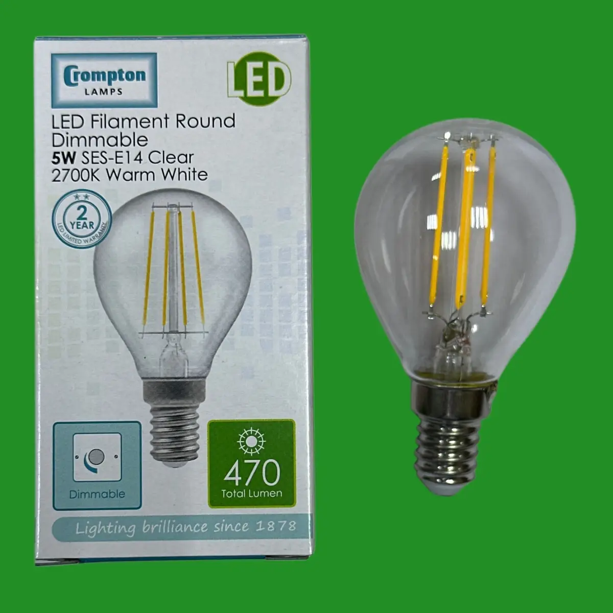 4x 5W (=40W) Crompton Dimmable Clear LED Filament Golf Round Light Bulb SES E14