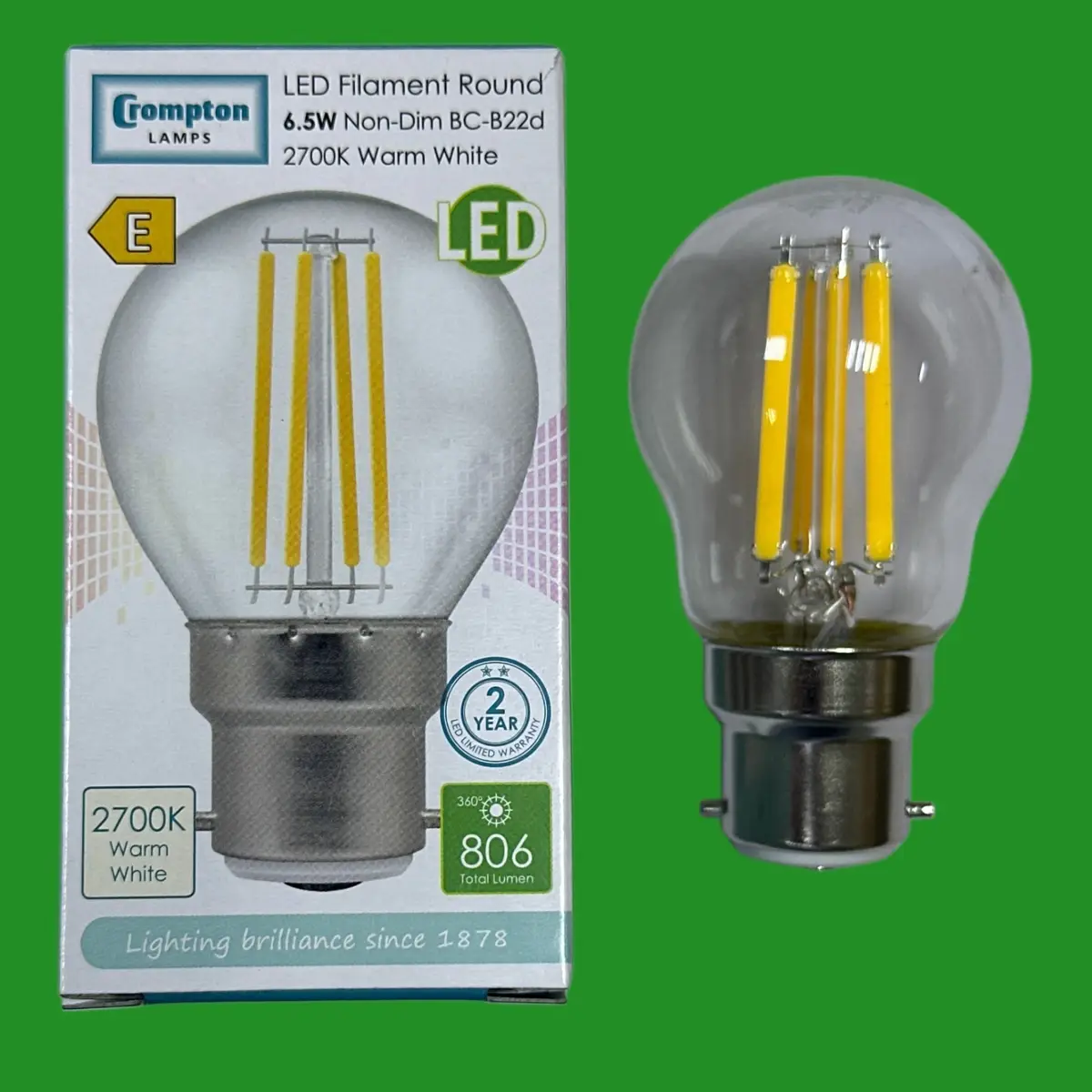 2x 6.5W (=60W) Crompton LED Filament Clear Round Golf G45 Light Bulbs BC B22