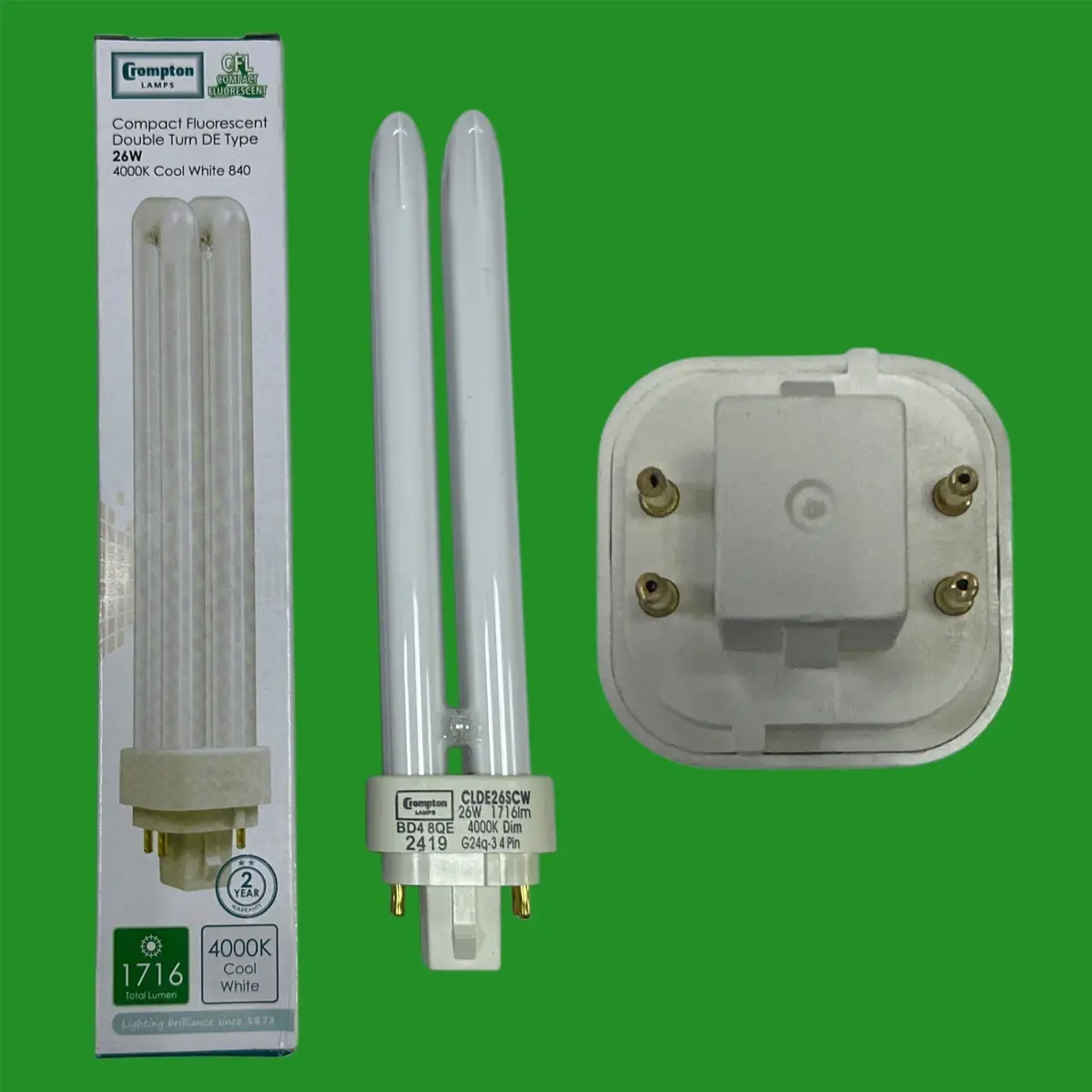 2x 26W Crompton Dimmable G24q-3, 4 pin, 4000K 840 Low Energy CFL Light Bulb Lamp