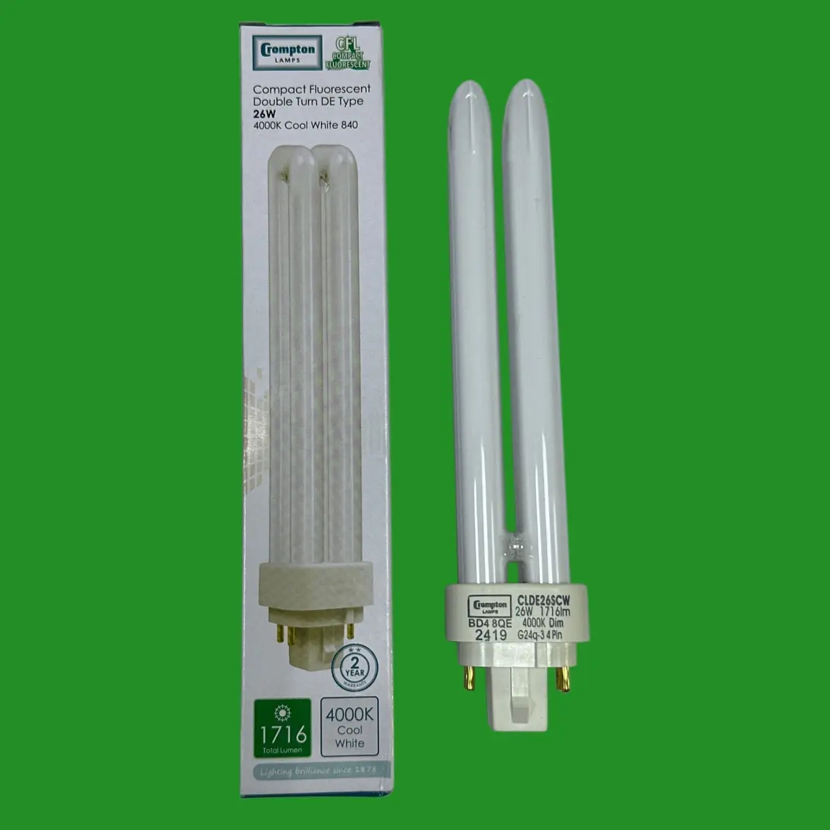 2x 26W Crompton Dimmable G24q-3, 4 pin, 4000K 840 Low Energy CFL Light Bulb Lamp - image 2 | Free standard UK delivery included | Discount Quality Products