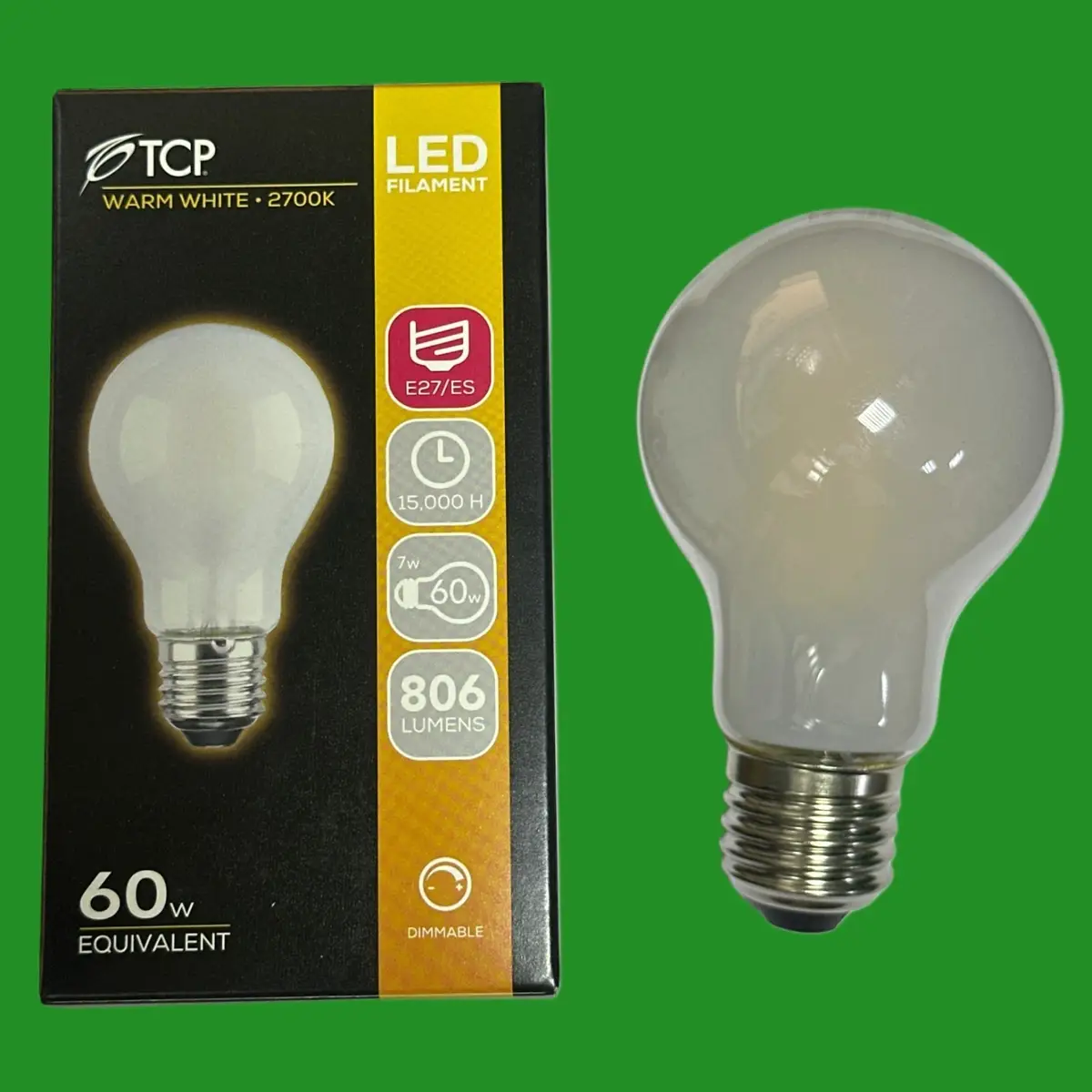 4x 7W (=60W) TCP Dimmable Frosted Filament LED GLS Light Bulb Screw ES E27 2700K