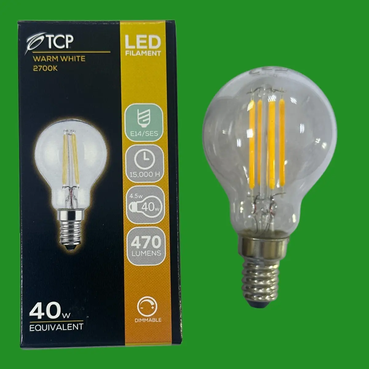 2x 4.5W =40W TCP Dimmable LED Filament Clear Mini Globe Golf Light Bulb SES E14