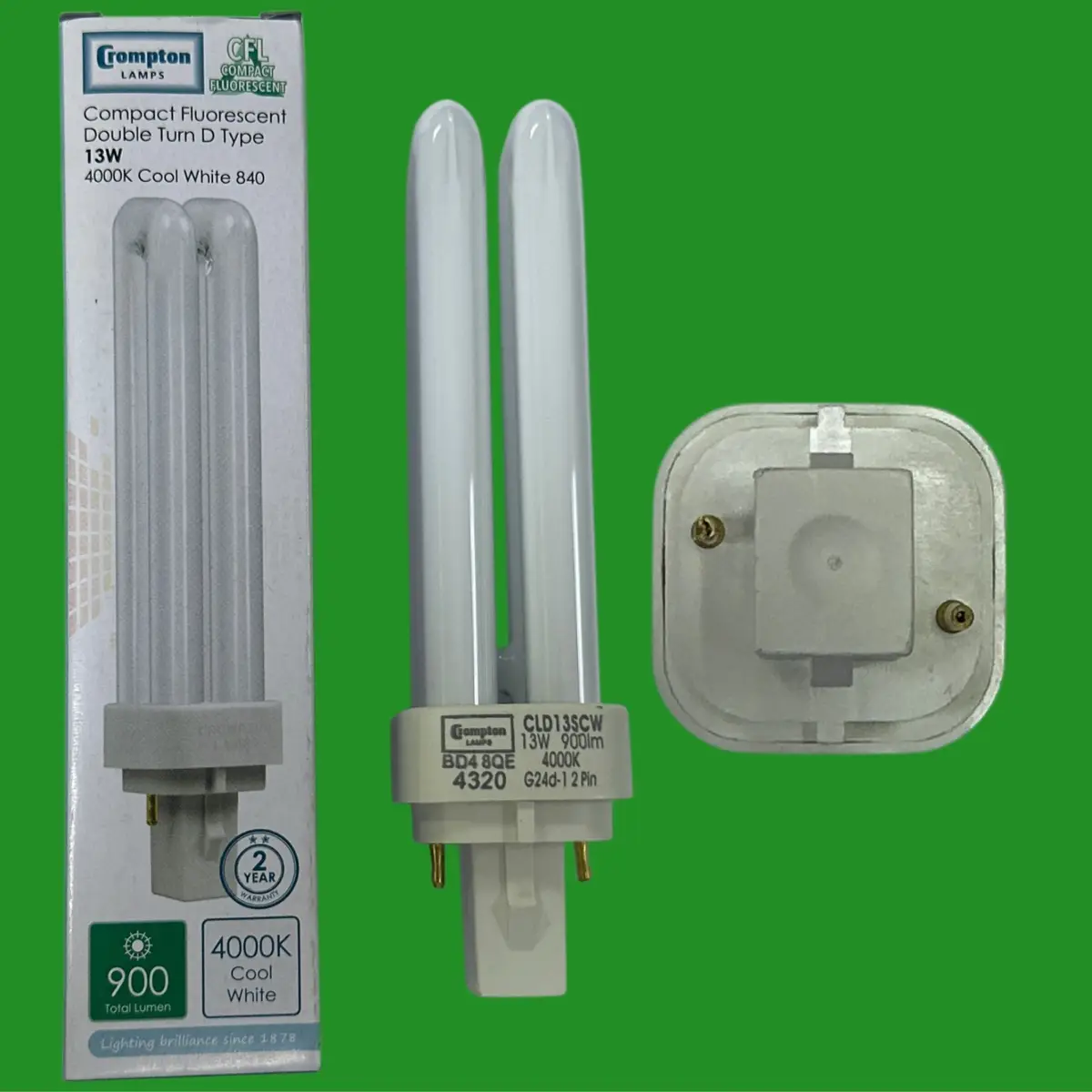 2x 13W Crompton G24d-1 2 pin Low Energy CFL PL Light Bulb 4000K Cool White Lamp
