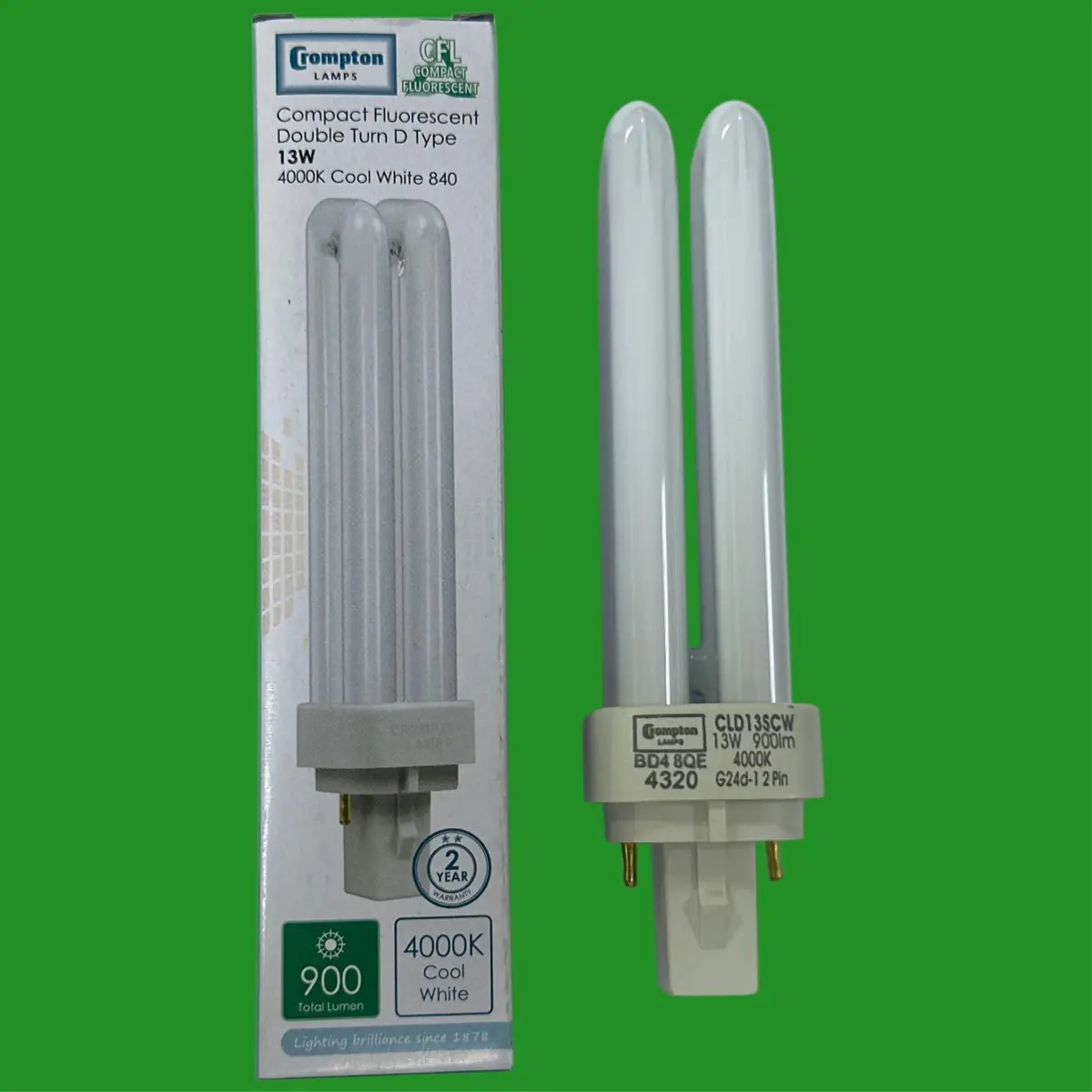 1x 13W Crompton G24d-1 2 pin Low Energy CFL PL Light Bulb 4000K Cool White Lamp - image 2 | Free standard UK delivery included | Discount Quality Products
