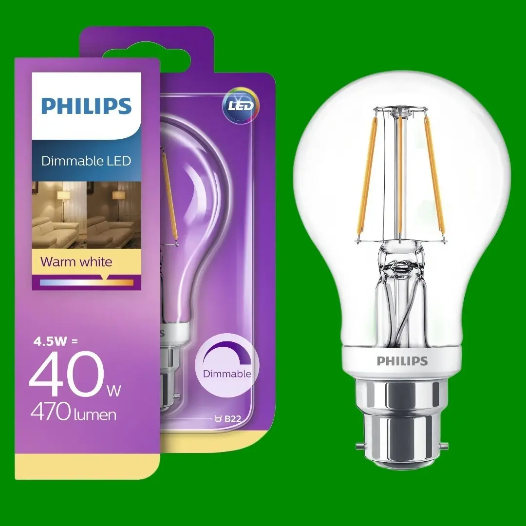 2x 4.5W (=40W) Philips Dimmable LED Filament GLS A60 Light Bulb BC B22 2700K