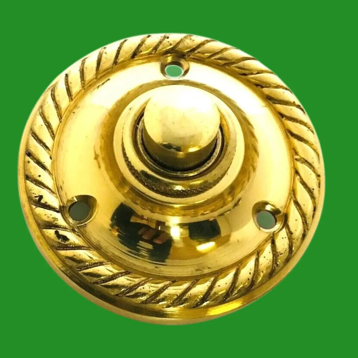Vintage Georgian Polished Brass Round Door Bell Push, Rope Edge Hard Wired Chime