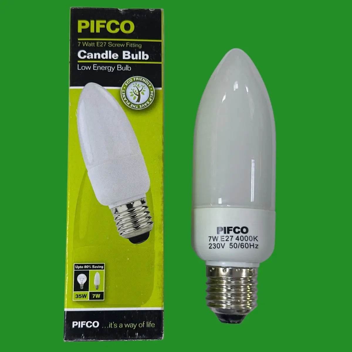 2x 7W (=35W) PIFCO CFL Candle Light Bulbs, 4000K, Low Energy ES E27 Edison Screw