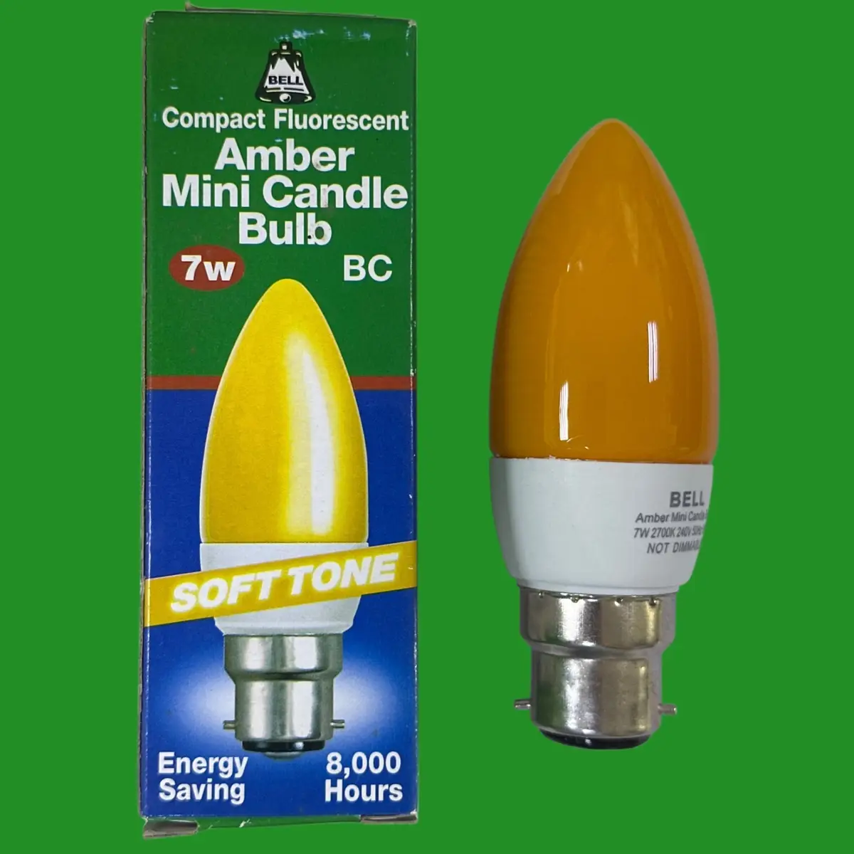 1x 7W (=40W) Bell CFL Amber Coloured Candle Light Bulb BC B22 Low Energy Lamp