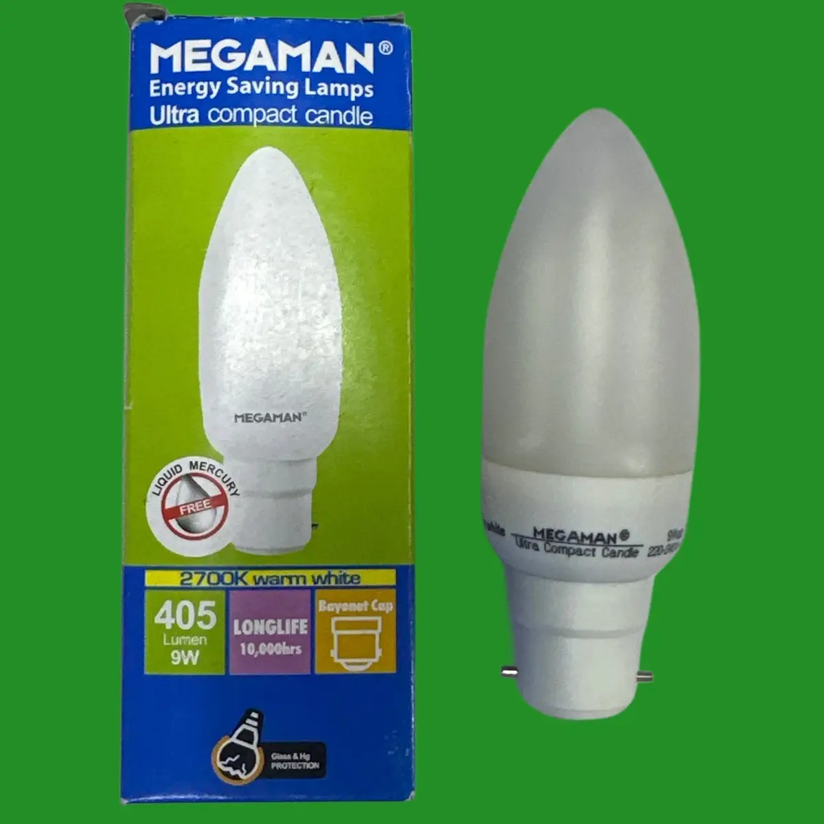 1x 9W (=40W) Megaman Candle CFL BC B22 Low Energy Power Saving Light Bulbs