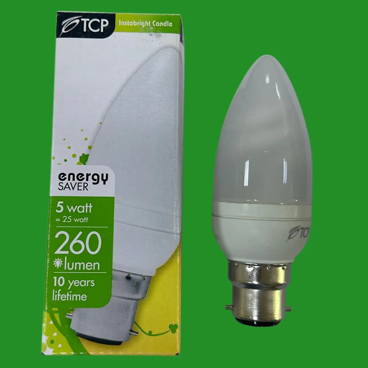 2x 5W (=25W) TCP Candle CFL Light Bulbs BC B22 Low Energy Power Saving Lamp