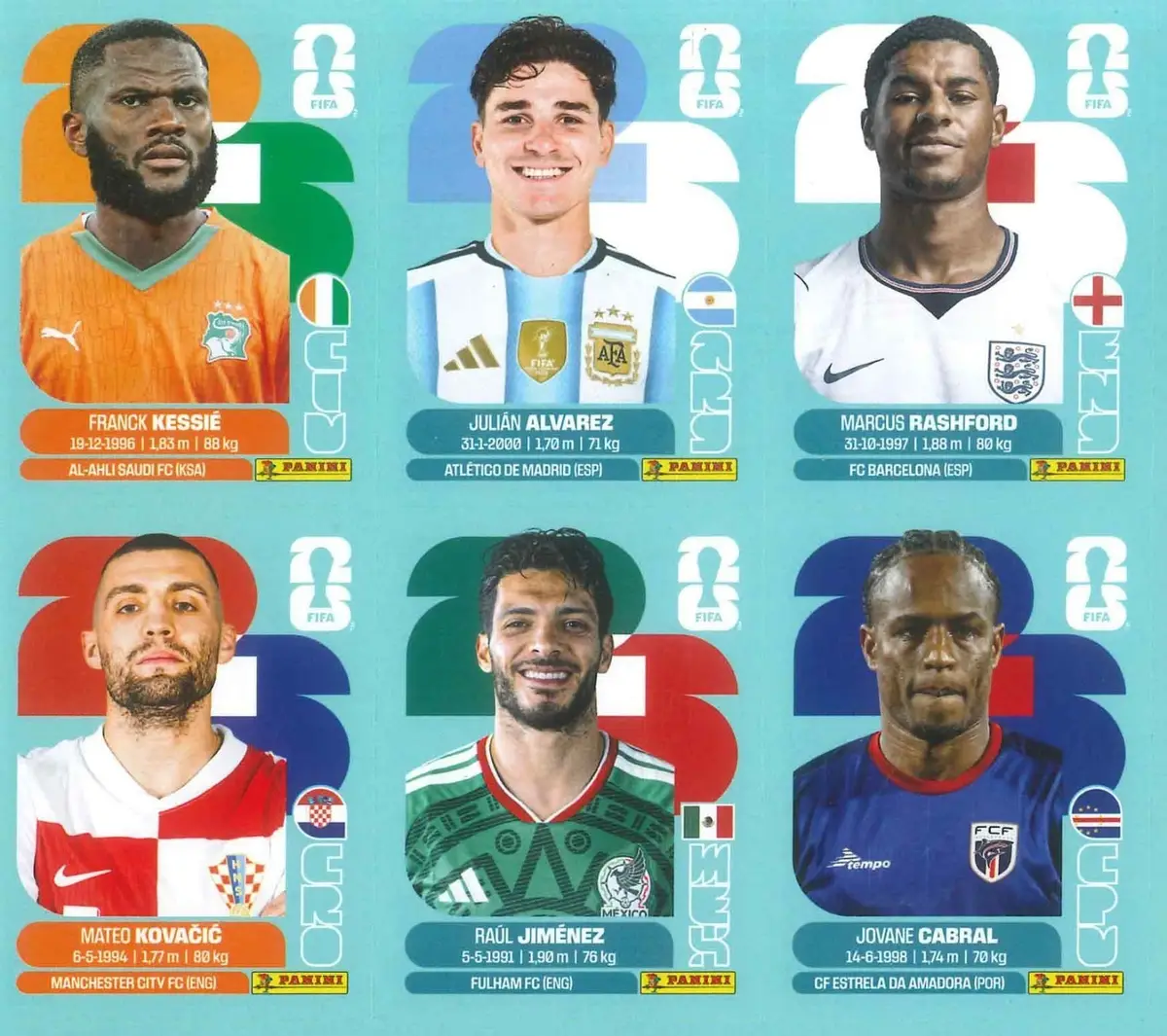 Panini 6 Stickers, Football, Soccer, FIFA World Cup 2026, Rashford, Alvarez