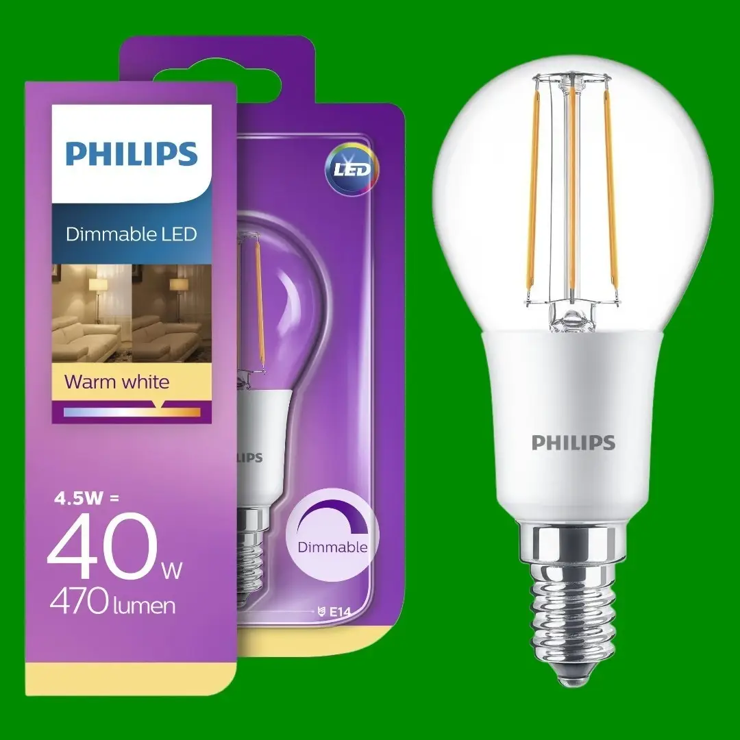 2x 4.5W (=40W) Philips Dimmable LED Filament Round Golf Light Bulb SES E14 Screw