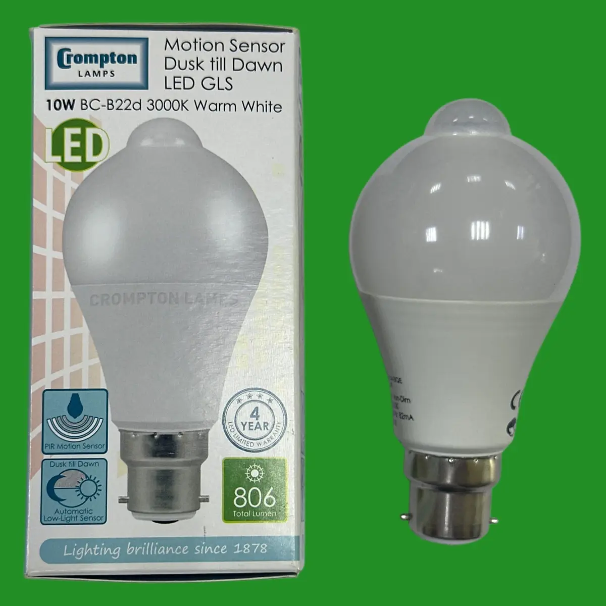 10W Crompton LED Dusk Till Dawn PIR Motion Sensor Security Light Bulb BC B22