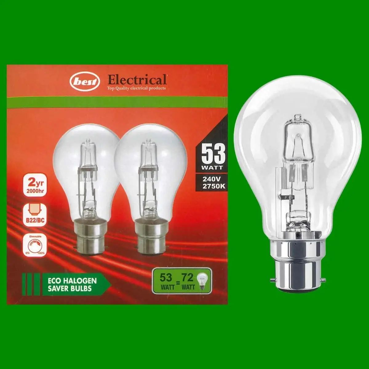 2x 53W (=72W) Clear Eco Halogen GLS BC B22 Bayonet Warm White 2750K Light Bulb