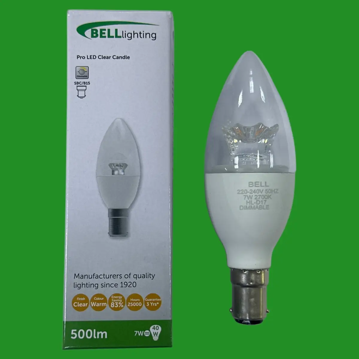 2x 7W (=40W) BELL Dimmable Pro LED Clear Candle Light Bulbs SBC B15 2700K Lamp