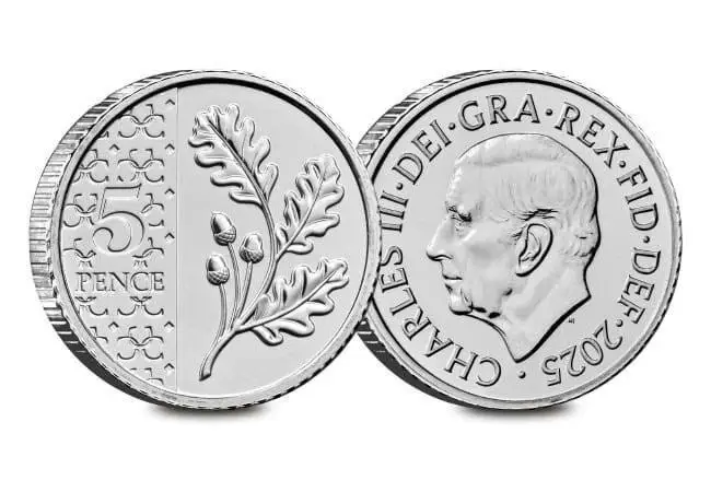 2025 UK King Charles III, Oak Leaves, 5p Circulated Five Pence Coin, Collectable