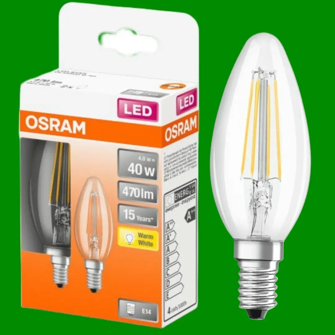 2x 4W (=40W) Osram Clear LED Filament Candle Light Bulb SES E14 Warm White 470lm