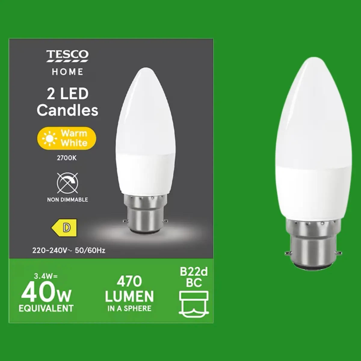 2x 3.4W (=40W) Home LED Pearl Candle Light Bulbs BC B22 2700K Warm White Lamp