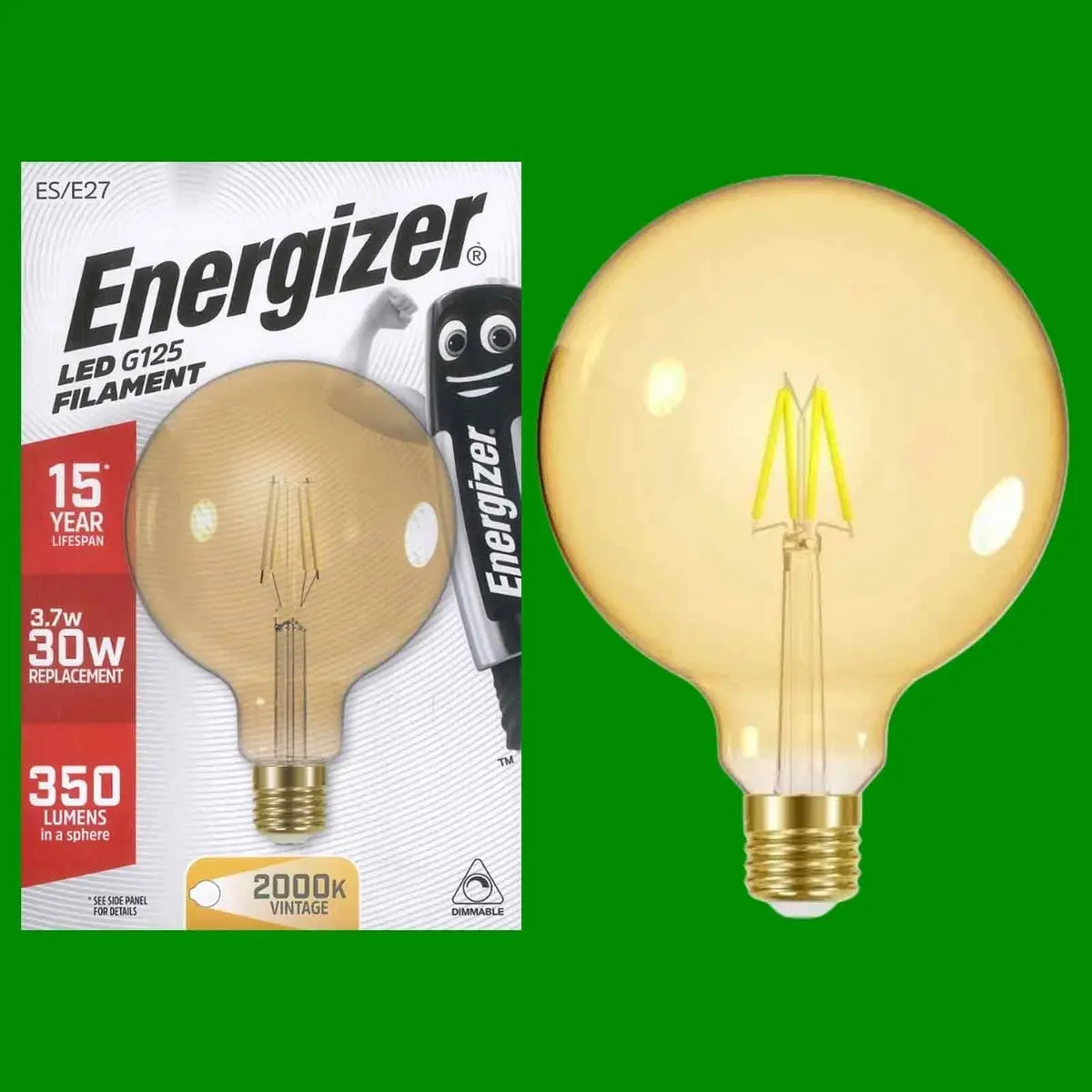 4x 3.7W G125 LED Filament Dimmable Vintage 2000K ES E27 Light Bulb, 125mm Lamp