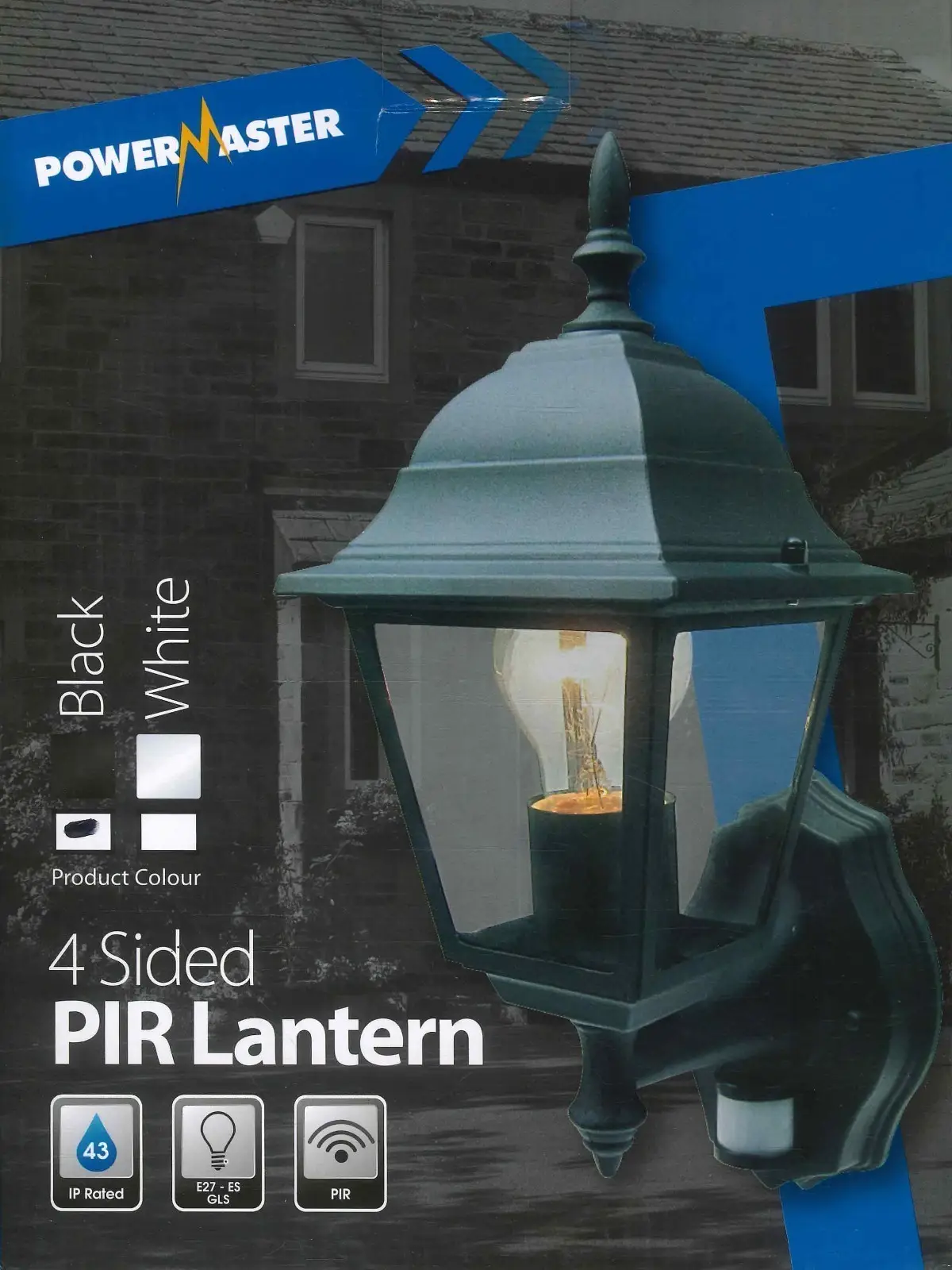 1x 4 Sided PIR Outdoor Wall Lantern Black IP43 E27 Security Light, Bulb Included - image 2 | Free standard UK delivery included | Discount Quality Products
