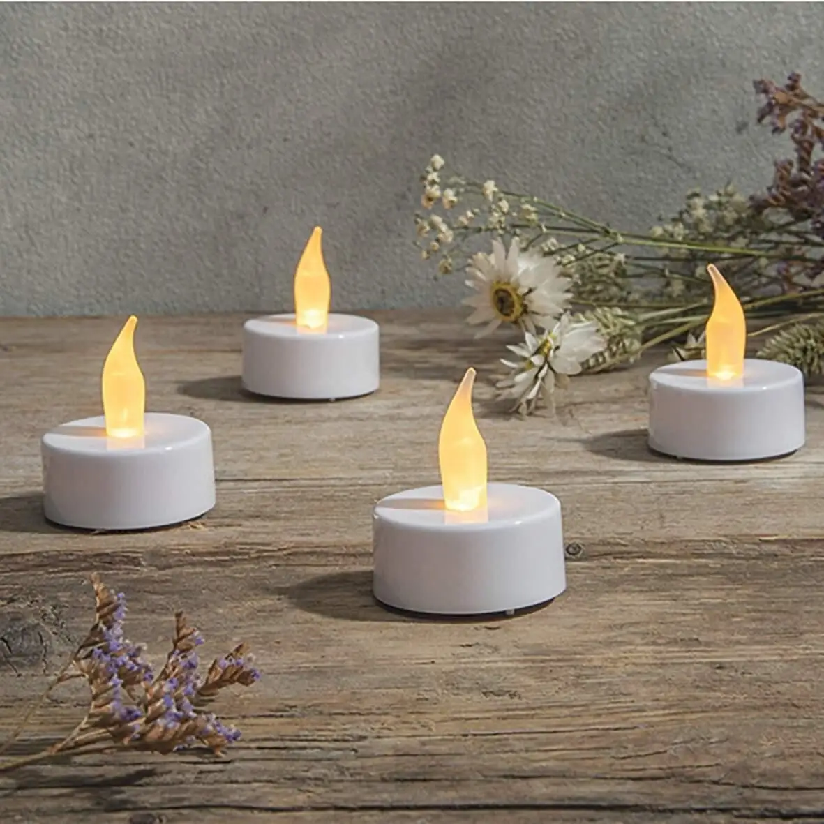 4pc Flickering LED Tea Lights Flameless Candles CR2032 Batteries Included, White