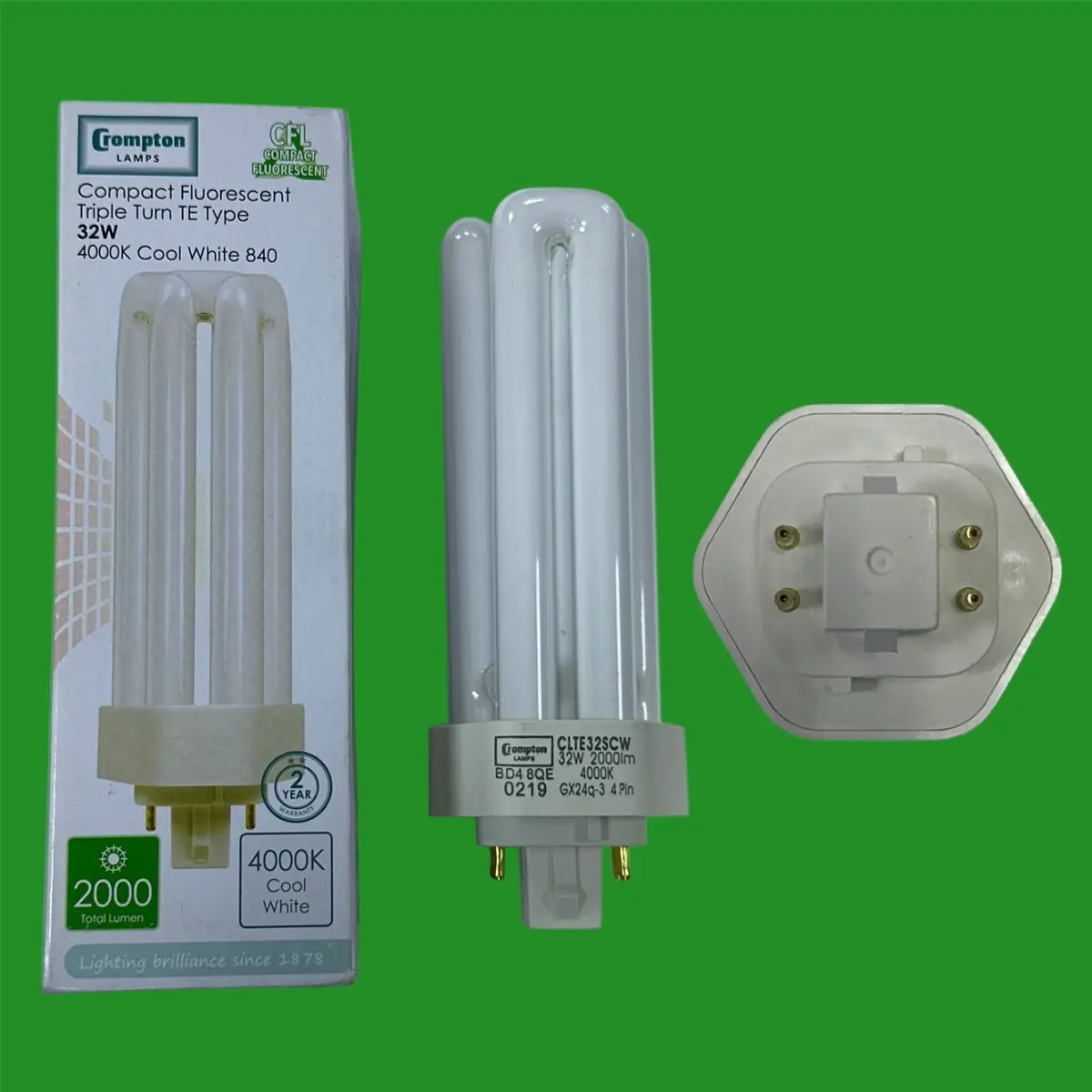 1x 32W Crompton GX24Q-3 4 pin CFL PL Light Bulb 4000K Cool White Low Energy Lamp